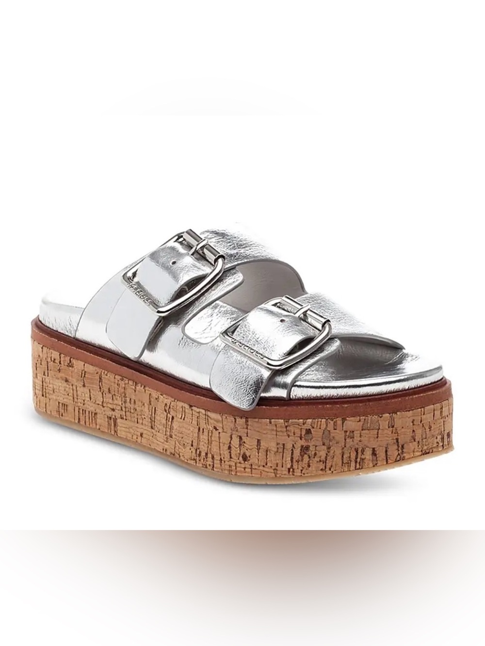 J/Slides Belinda Platform Slide Sandals Silver Metallic Leather Size 7.5